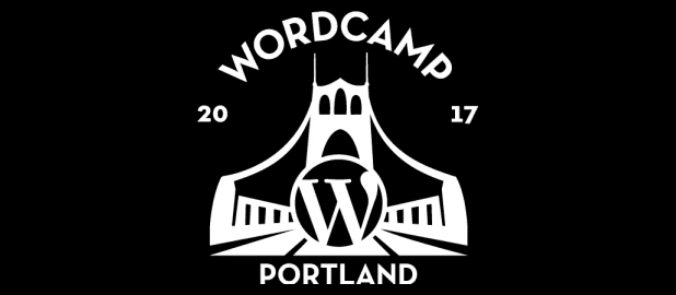 A WordCamp Portland logo in black and white.