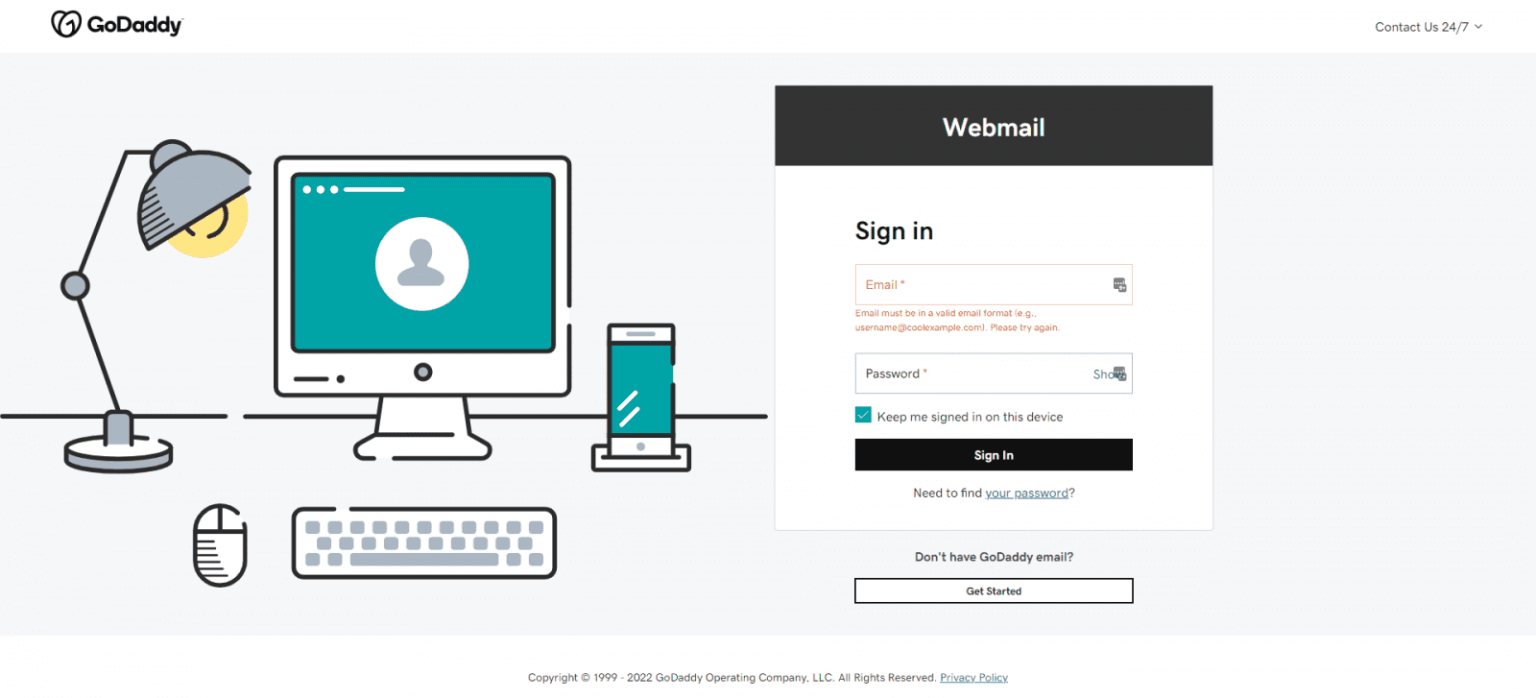 GoDaddy webmail login screen