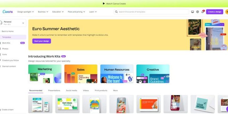 Screenshot of the Canva homepage featuring design templates for Euro Summer Aesthetic. The page includes options for marketing, sales, human resources, and creative work kits, showcasing a variety of graphics ideal for websites.